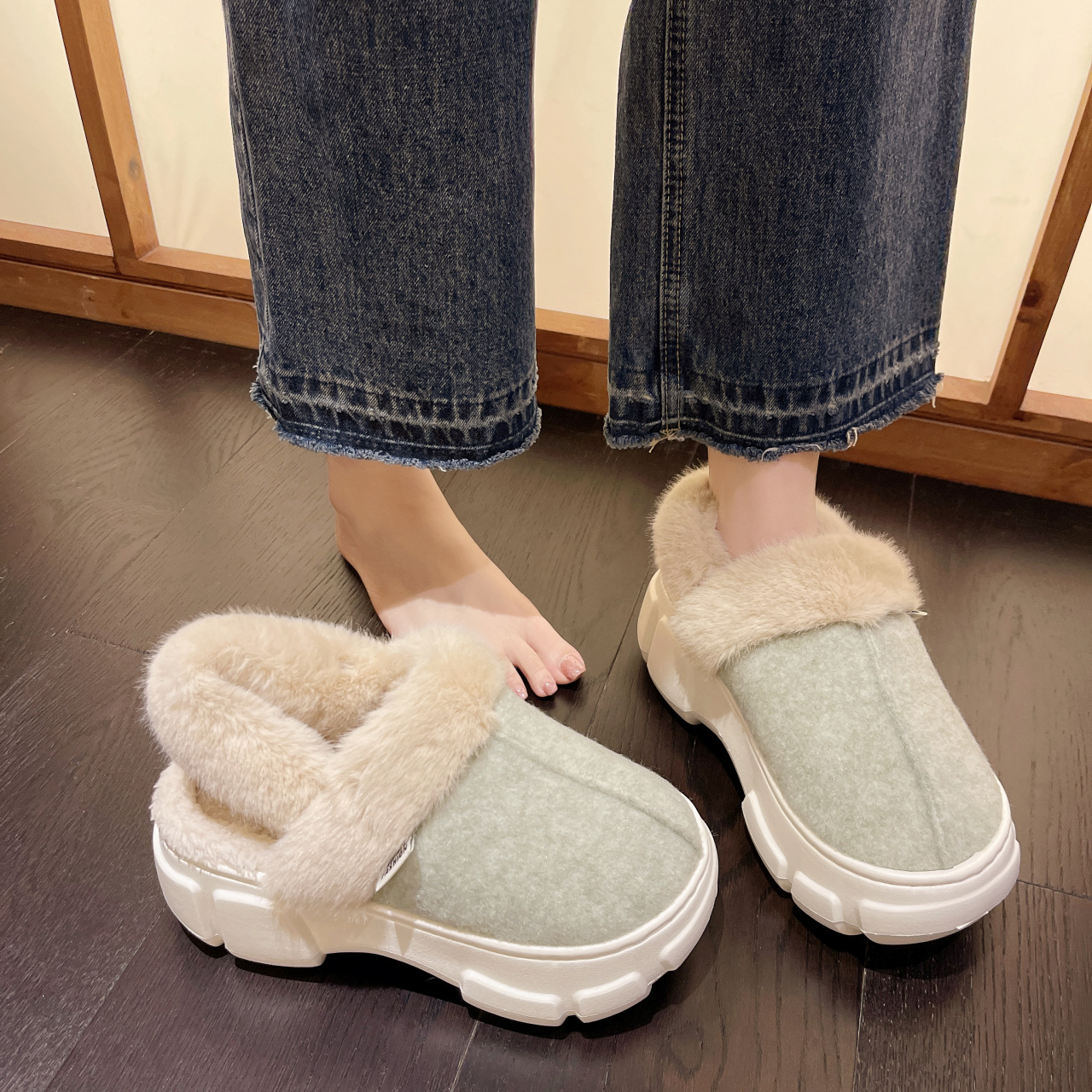 加厚棉拖鞋女包跟冬季新款厚底增高室内居家保暖休闲松糕底毛毛鞋